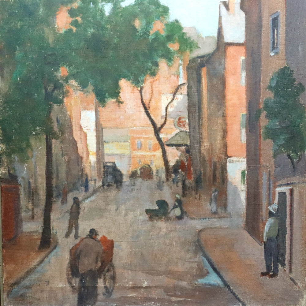 AW379: American Ashcan School  Early 20th Century Street Scene Oil on Canvas