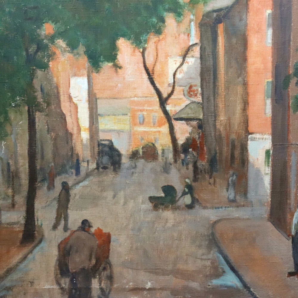 AW379: American Ashcan School  Early 20th Century Street Scene Oil on Canvas