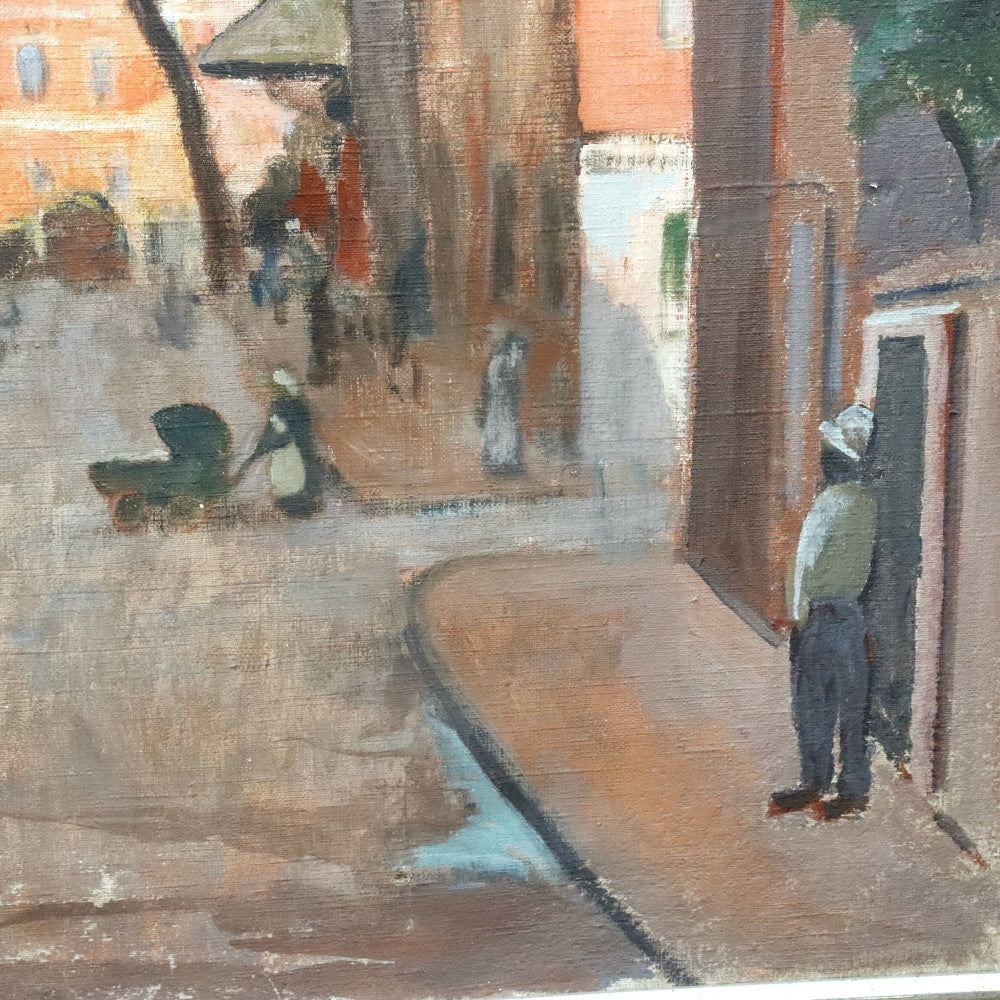 AW379: American Ashcan School  Early 20th Century Street Scene Oil on Canvas