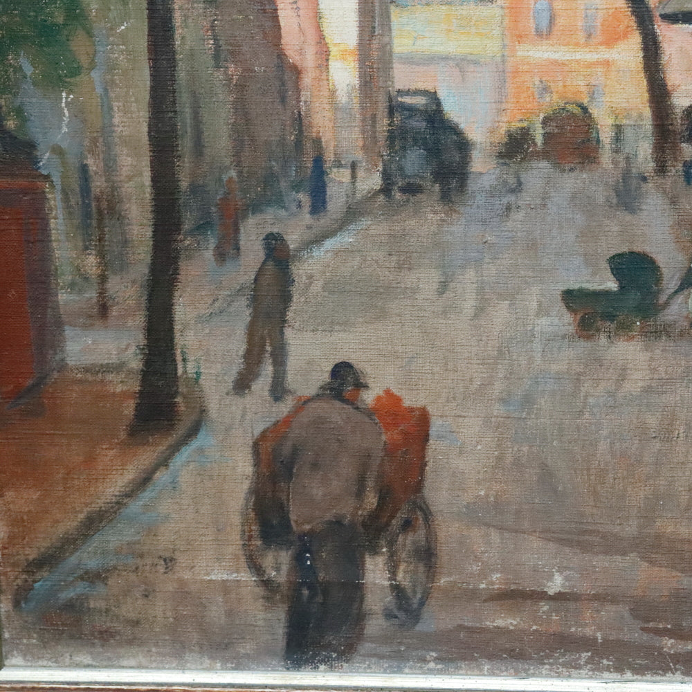 AW379: American Ashcan School  Early 20th Century Street Scene Oil on Canvas