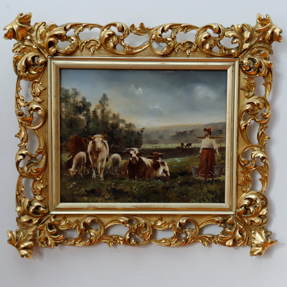 AW8-001: European School Colored Lithograph Laid Down to Mahogany Panel