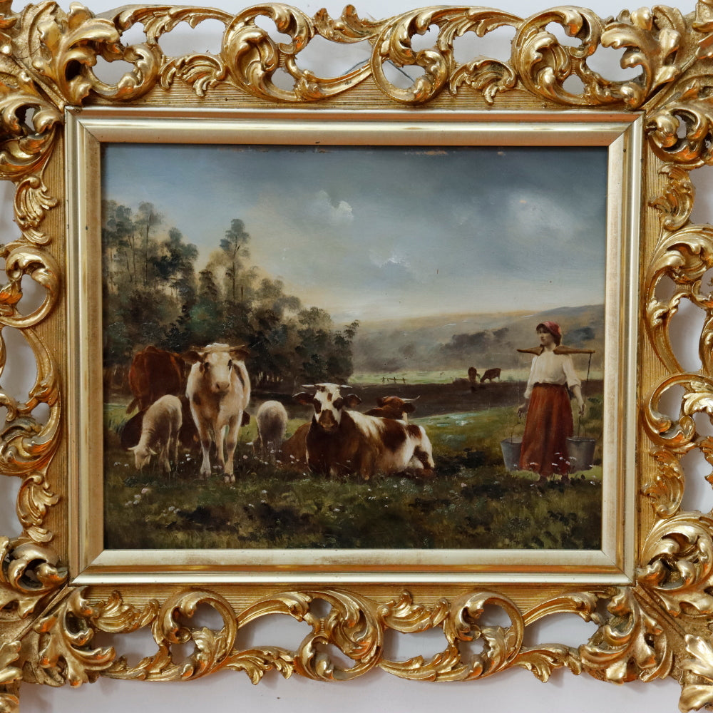 AW8-001: European School Colored Lithograph Laid Down to Mahogany Panel