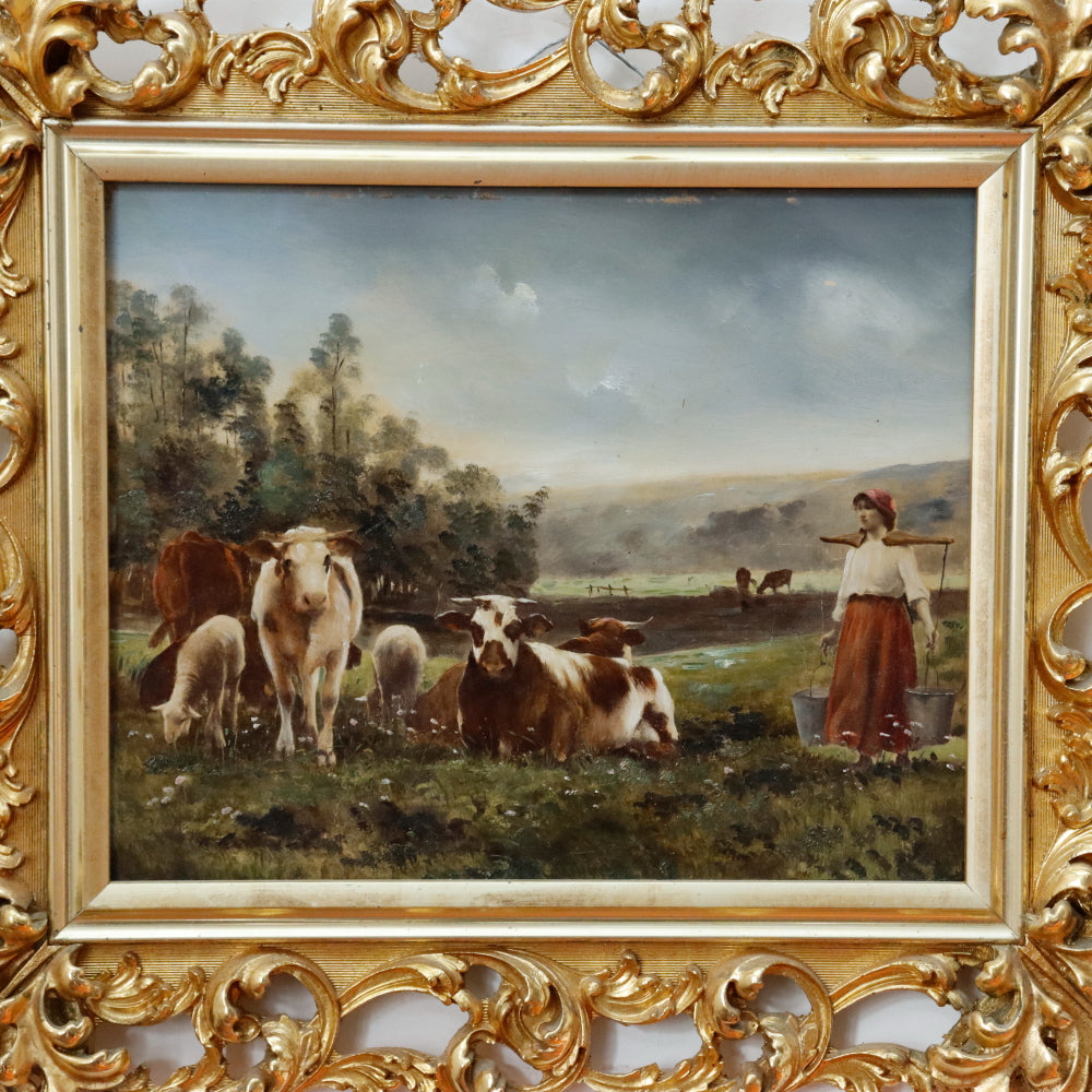 AW8-001: European School Colored Lithograph Laid Down to Mahogany Panel