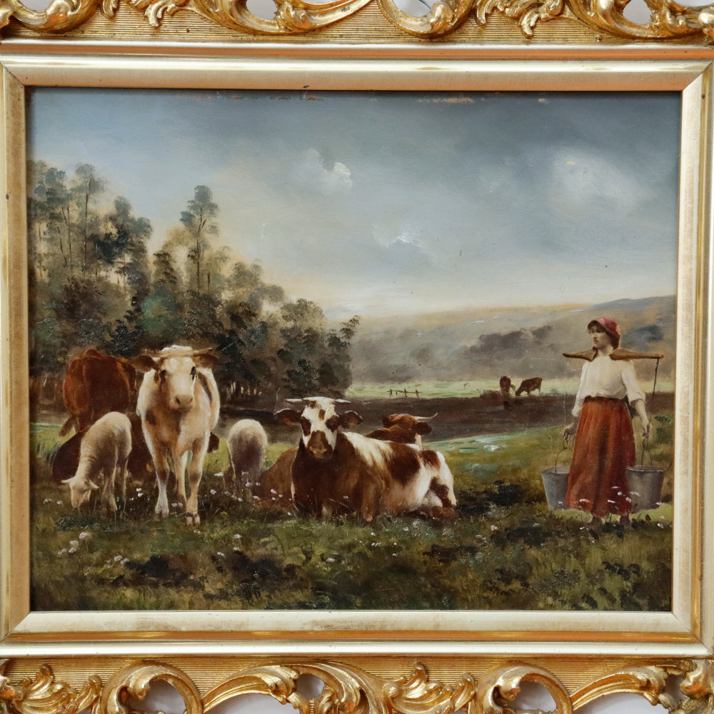 AW8-001: European School Colored Lithograph Laid Down to Mahogany Panel