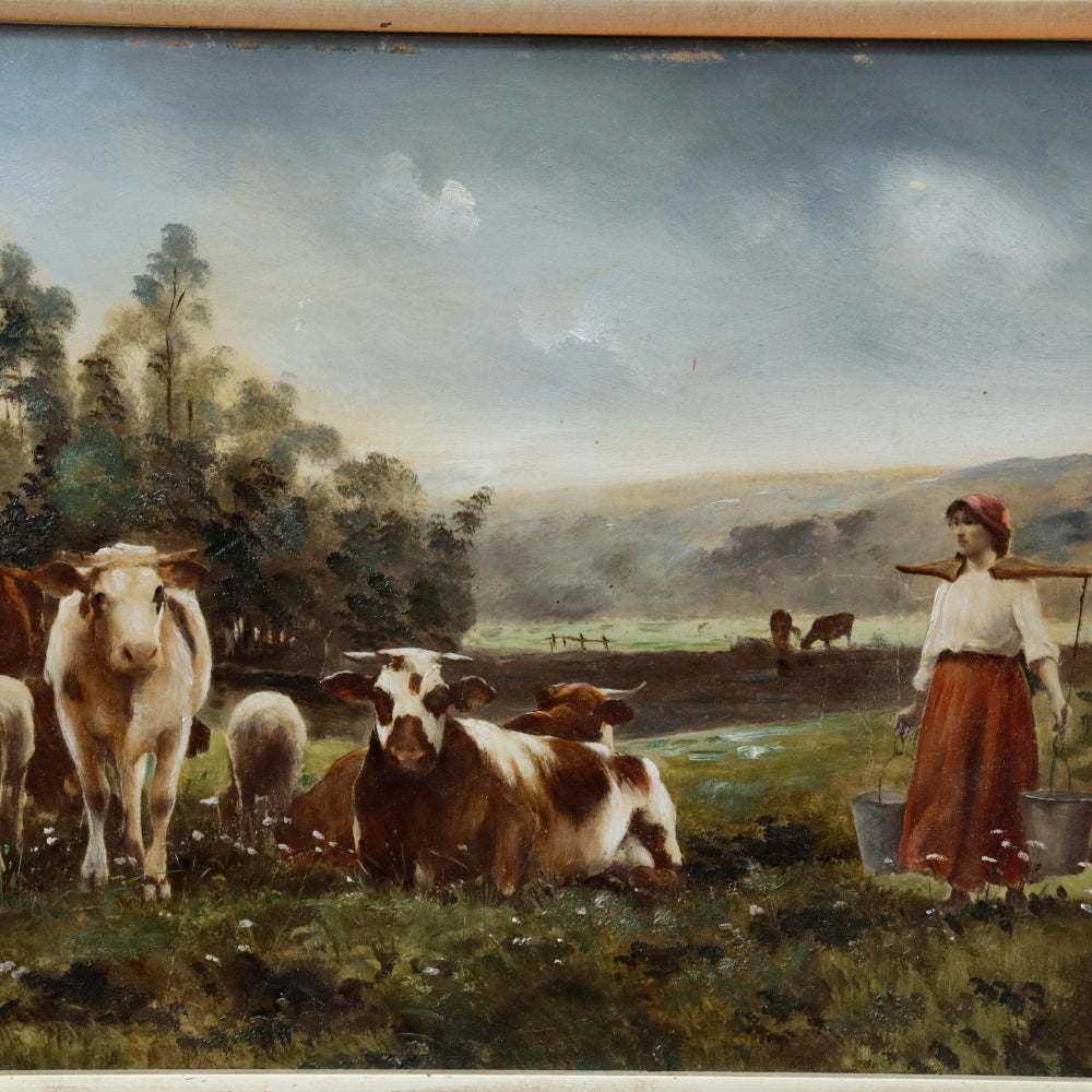 AW8-001: European School Colored Lithograph Laid Down to Mahogany Panel