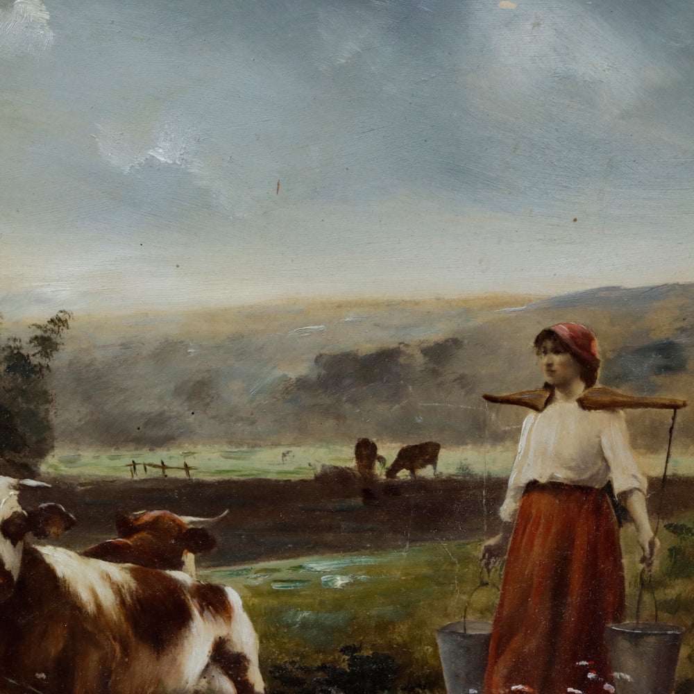 AW8-001: European School Colored Lithograph Laid Down to Mahogany Panel