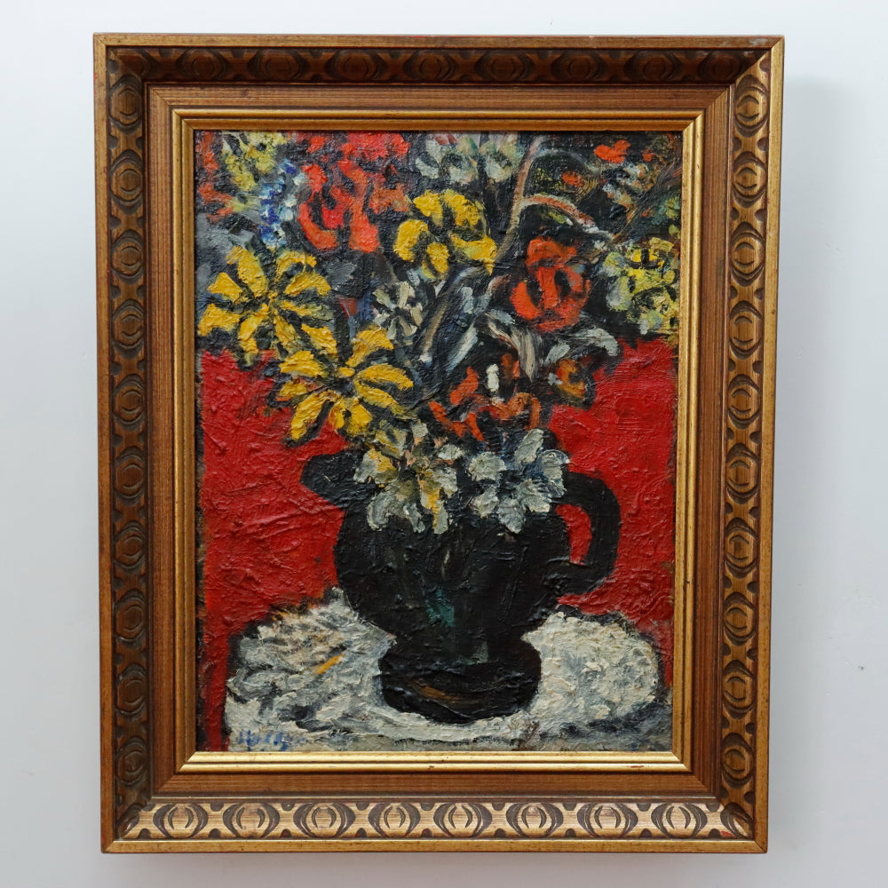 AW345: Sacha Moldovan "Black Vase" Flowers Still Life Oil on Canvas