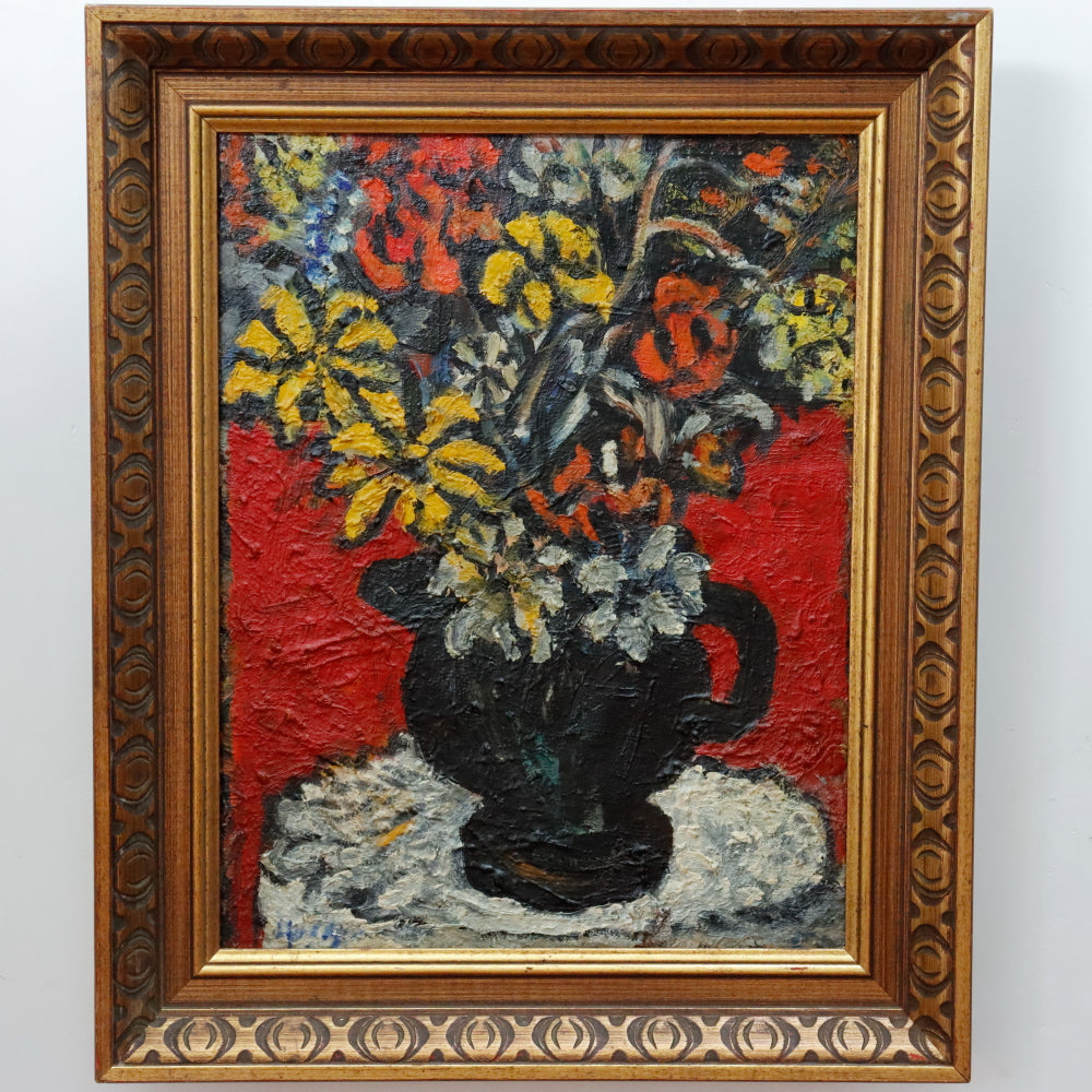 AW345: Sacha Moldovan "Black Vase" Flowers Still Life Oil on Canvas