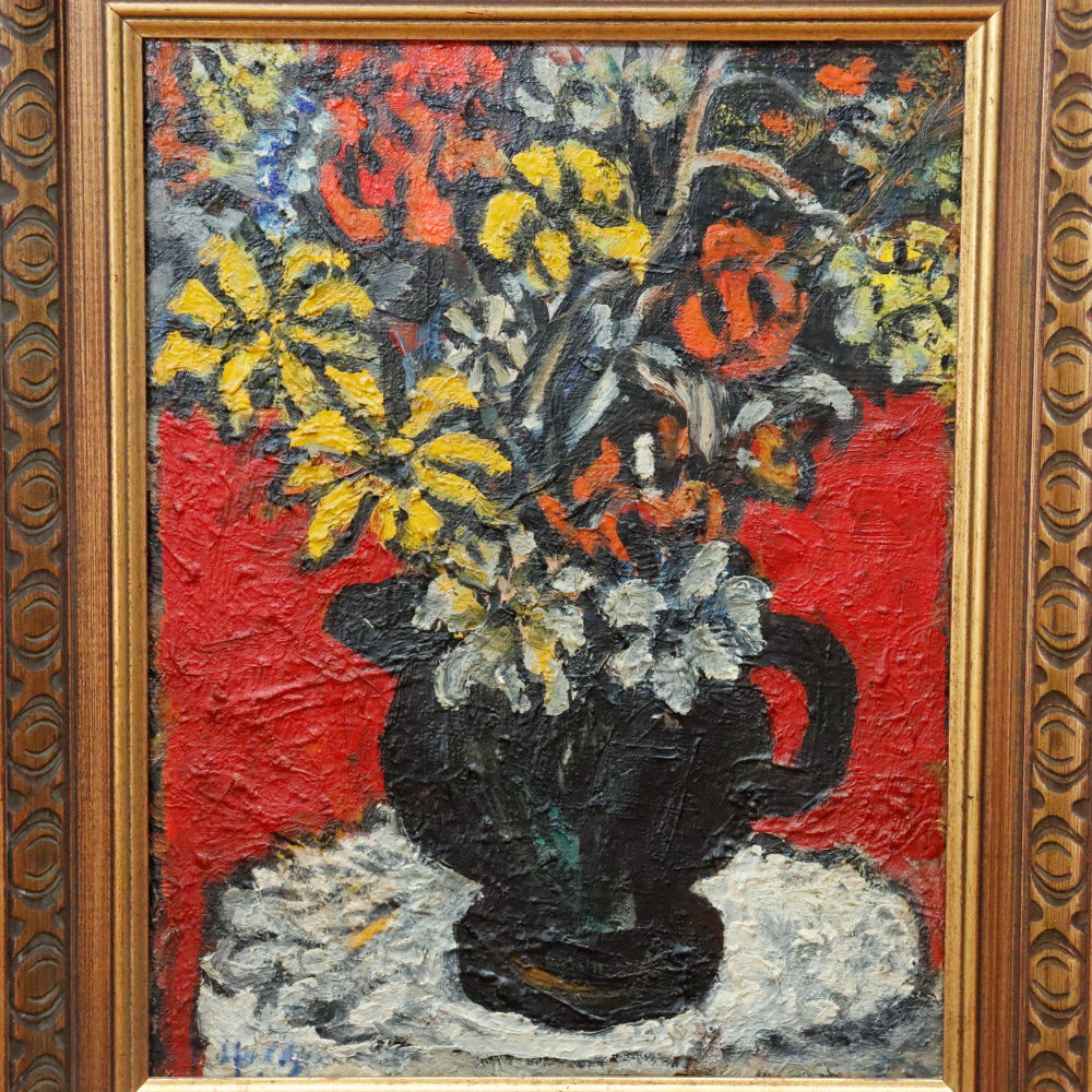 AW345: Sacha Moldovan "Black Vase" Flowers Still Life Oil on Canvas