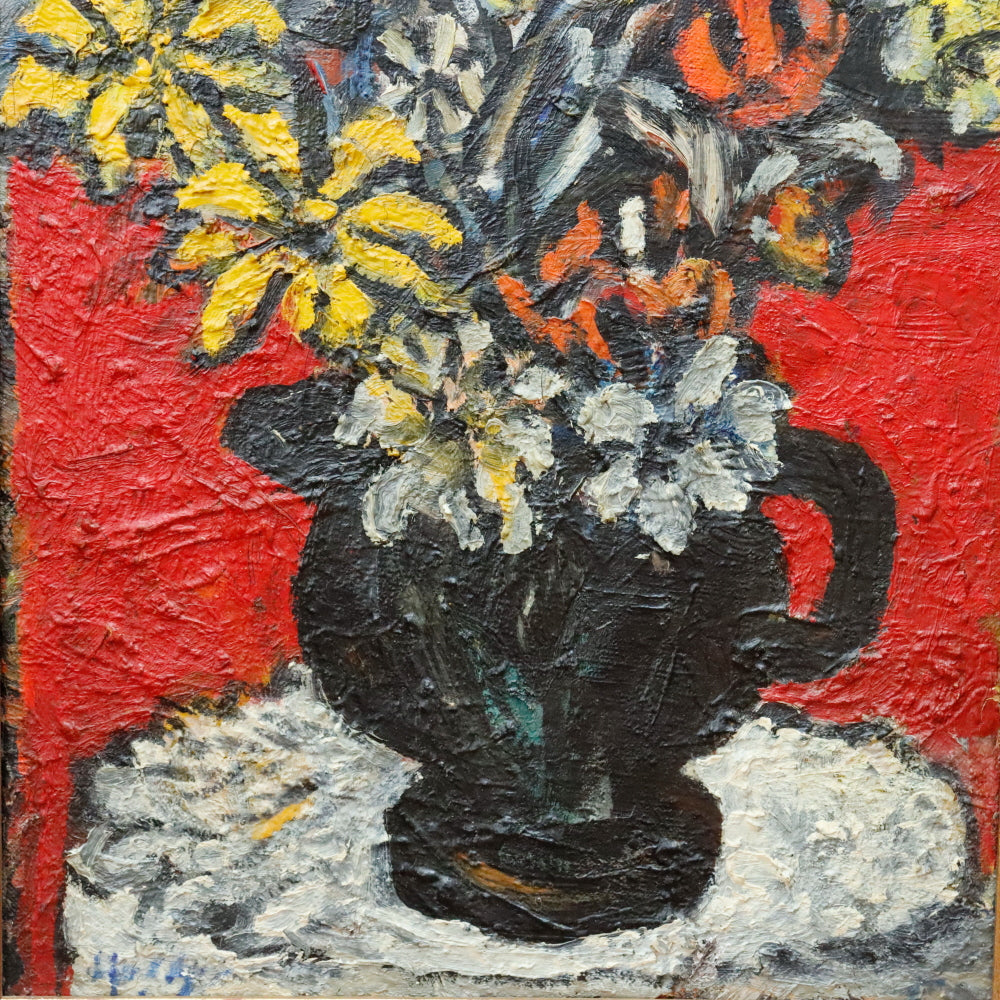 AW345: Sacha Moldovan "Black Vase" Flowers Still Life Oil on Canvas