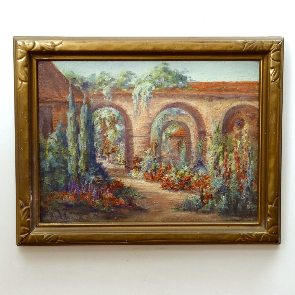 Pearl Ransing Circa 1926 California Mission Courtyard Oil on Wood Board Painting | Work of Man