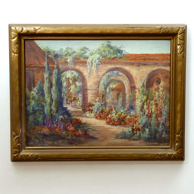 Pearl Ransing Circa 1926 California Mission Courtyard Oil on Wood Board Painting | Work of Man