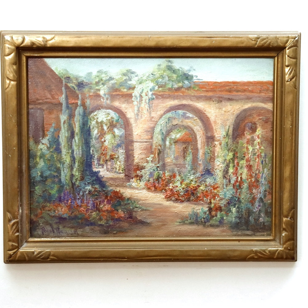 AW166: Pearl Ransing Circa 1926 California Mission Courtyard Oil on Wood Board Painting