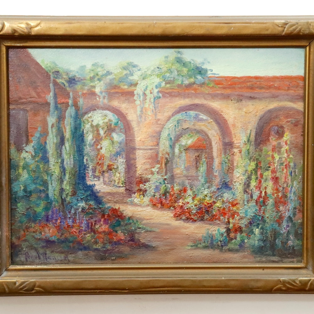 AW166: Pearl Ransing Circa 1926 California Mission Courtyard Oil on Wood Board Painting