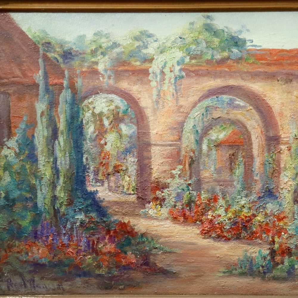 AW166: Pearl Ransing Circa 1926 California Mission Courtyard Oil on Wood Board Painting