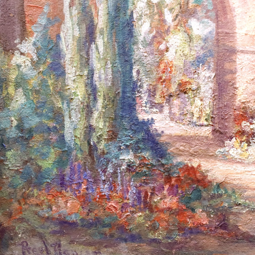 AW166: Pearl Ransing Circa 1926 California Mission Courtyard Oil on Wood Board Painting