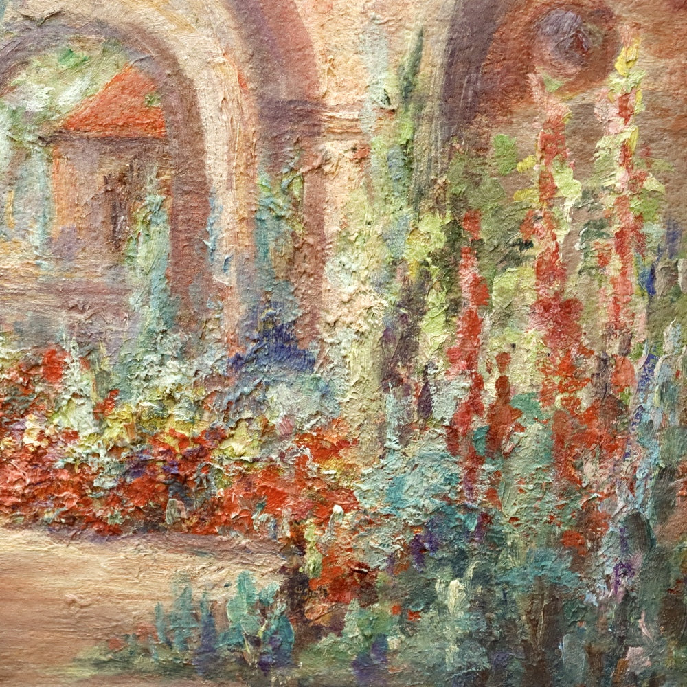 AW166: Pearl Ransing Circa 1926 California Mission Courtyard Oil on Wood Board Painting