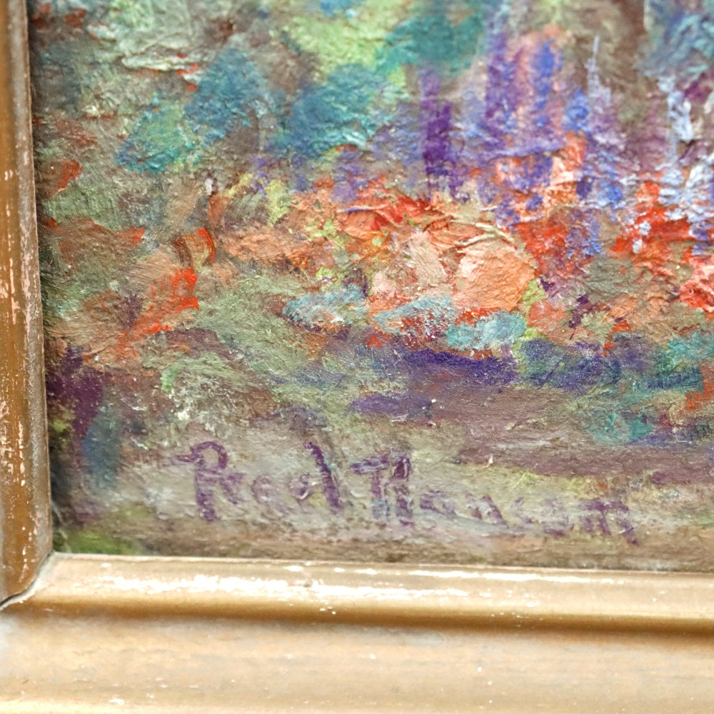 AW166: Pearl Ransing Circa 1926 California Mission Courtyard Oil on Wood Board Painting