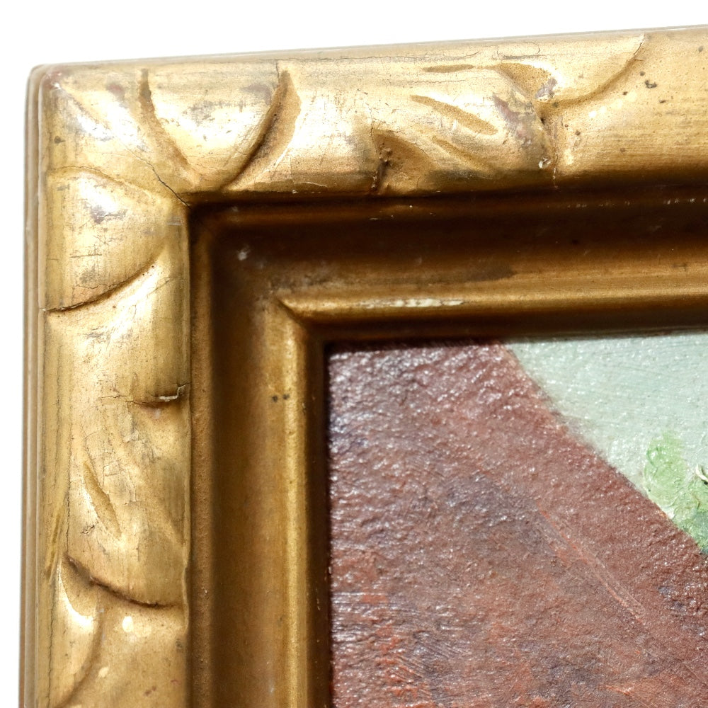 AW166: Pearl Ransing Circa 1926 California Mission Courtyard Oil on Wood Board Painting