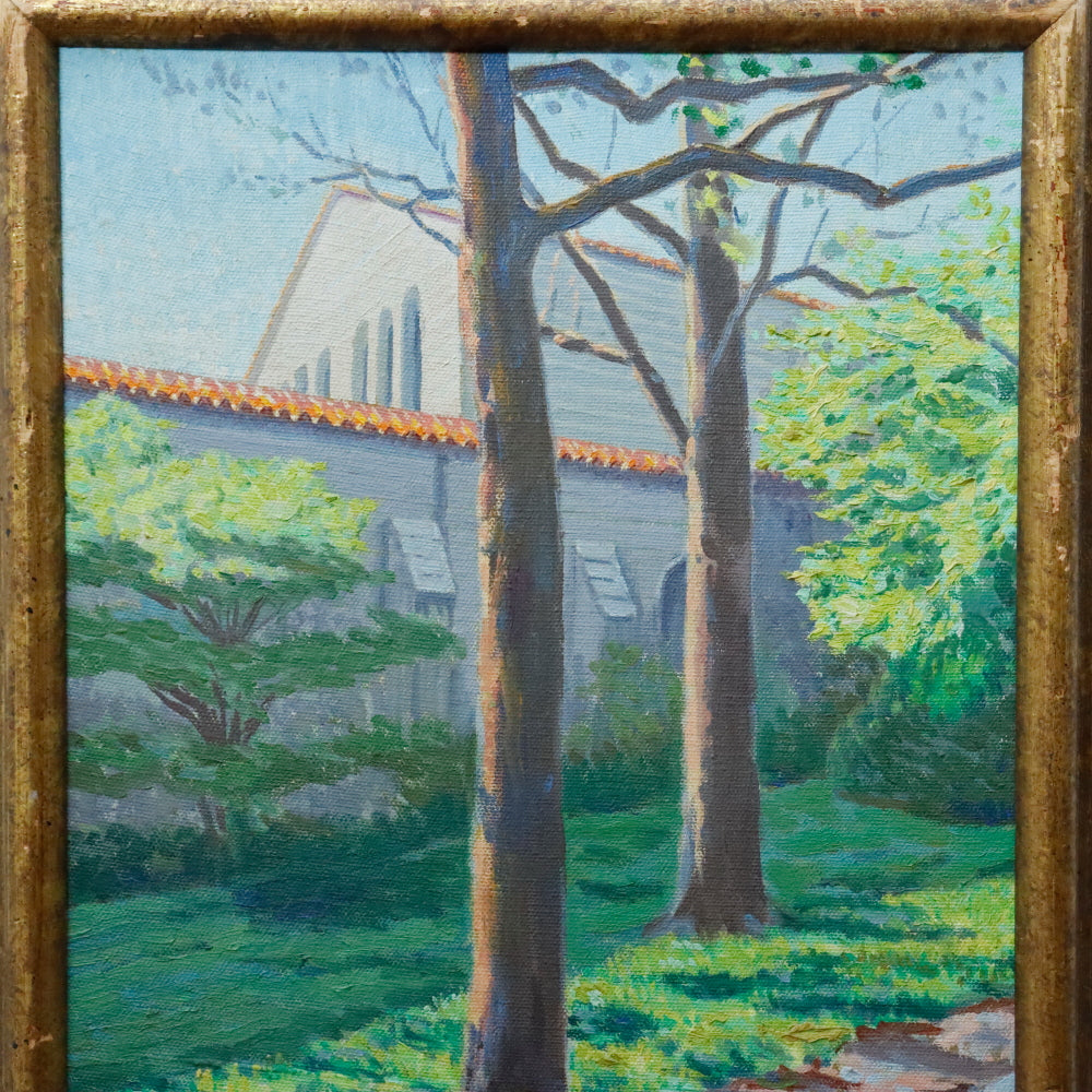 AW888: George W. Shall California Mission Oil on Canvas Painting Early 20th Century