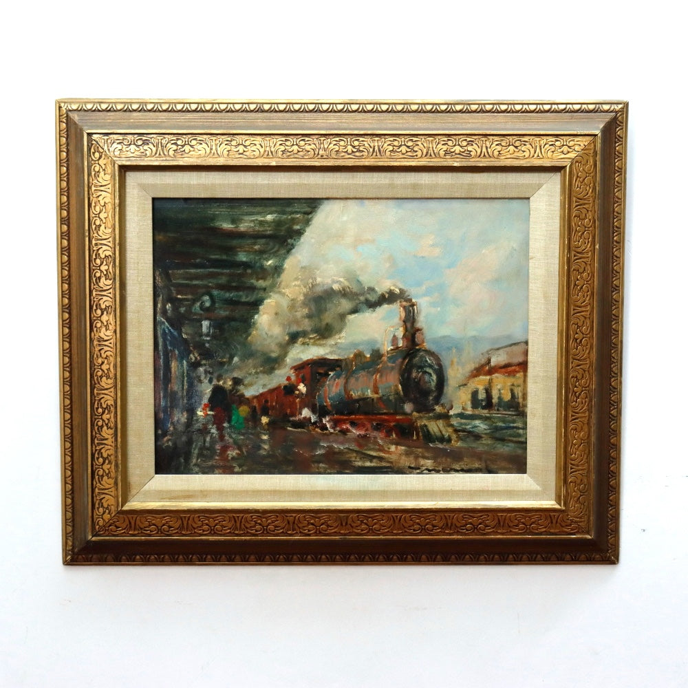 AW357: American School "The 11:00 Special" Locomotive Oil on Board Circa 1940's