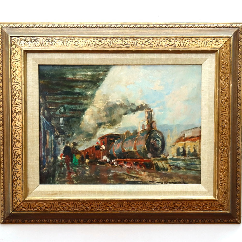 AW357: American School "The 11:00 Special" Locomotive Oil on Board Circa 1940's