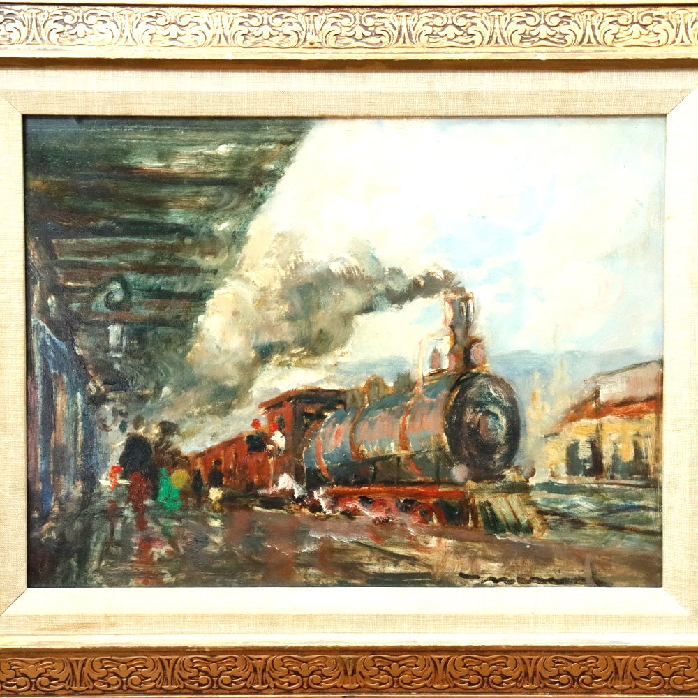 AW357: American School "The 11:00 Special" Locomotive Oil on Board Circa 1940's