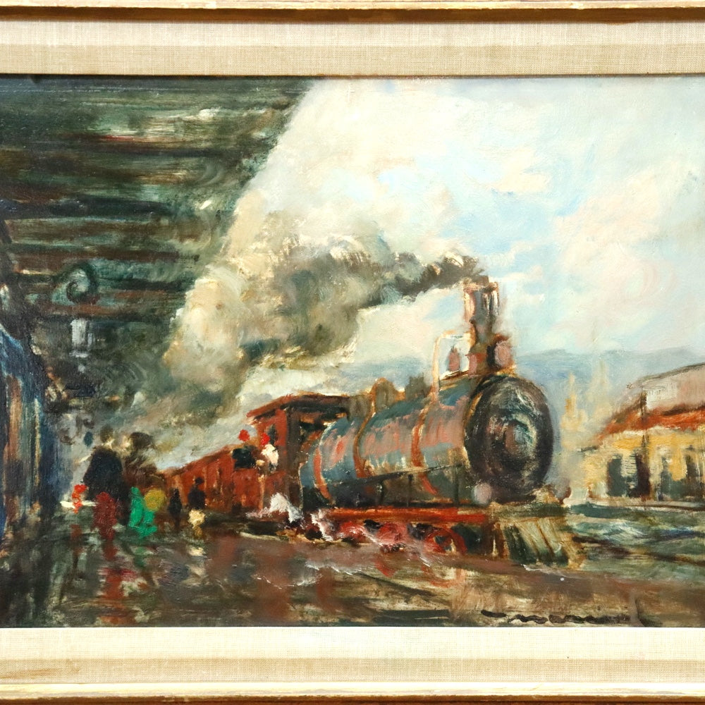 AW357: American School "The 11:00 Special" Locomotive Oil on Board Circa 1940's
