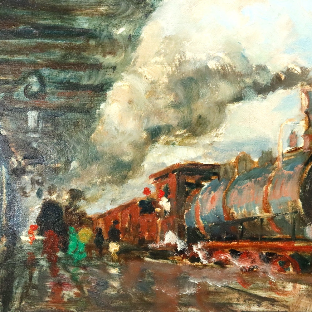 AW357: American School "The 11:00 Special" Locomotive Oil on Board Circa 1940's
