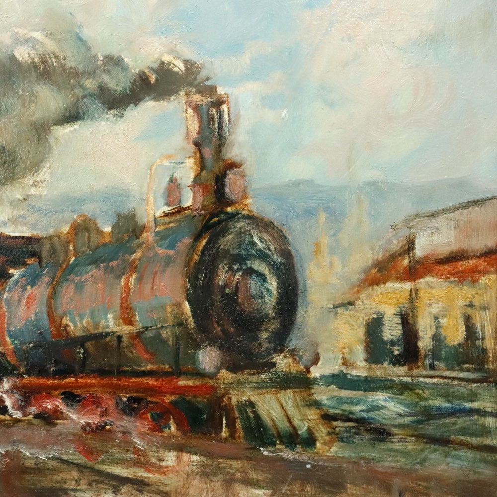AW357: American School "The 11:00 Special" Locomotive Oil on Board Circa 1940's
