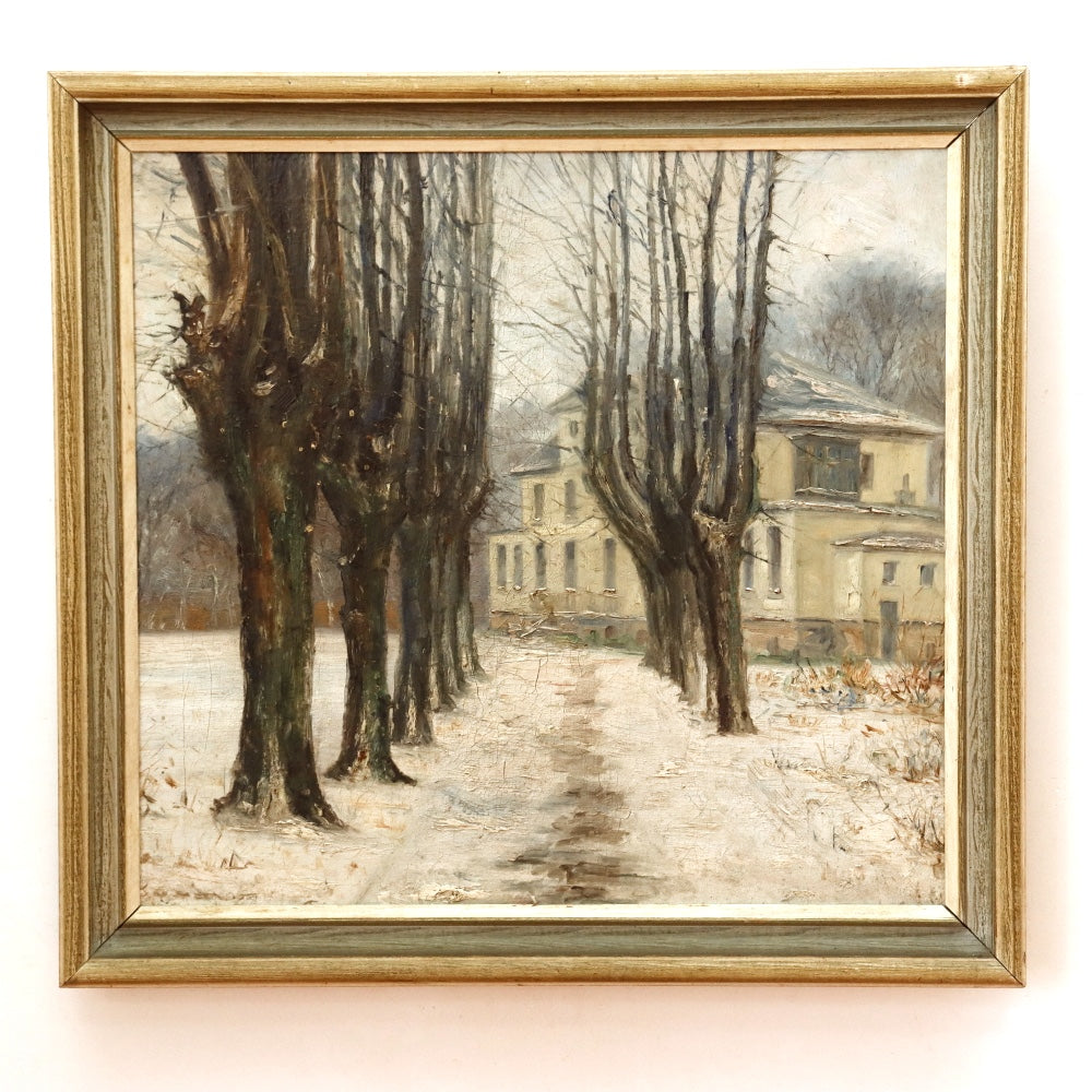AW889: Antique French School Impressionist Country House in Winter Oil on Canvas
