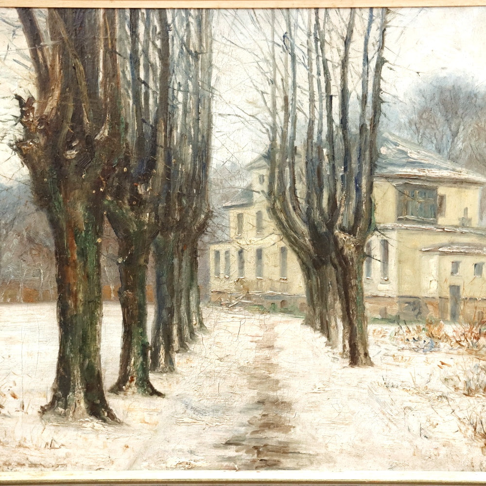 AW889: Antique French School Impressionist Country House in Winter Oil on Canvas