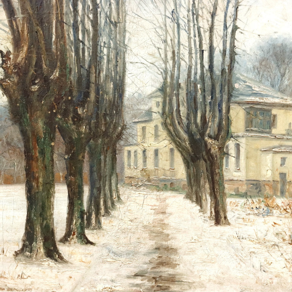 AW889: Antique French School Impressionist Country House in Winter Oil on Canvas