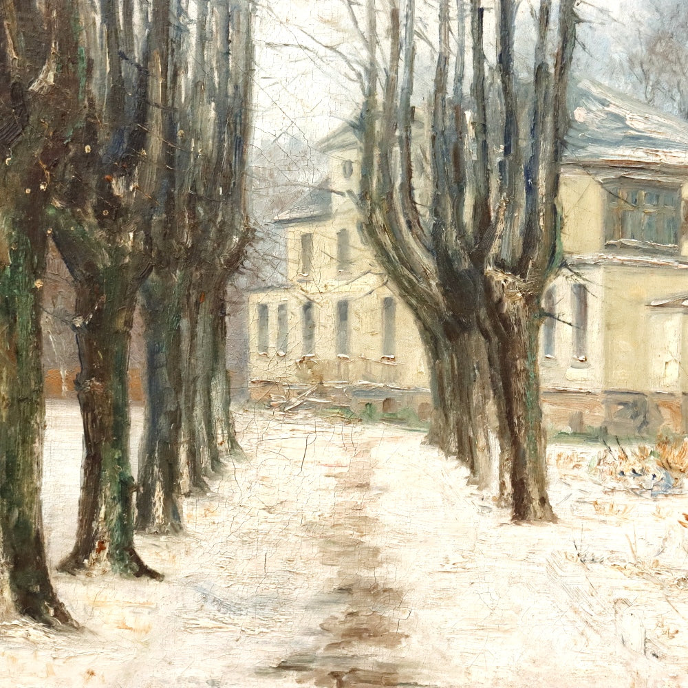 AW889: Antique French School Impressionist Country House in Winter Oil on Canvas
