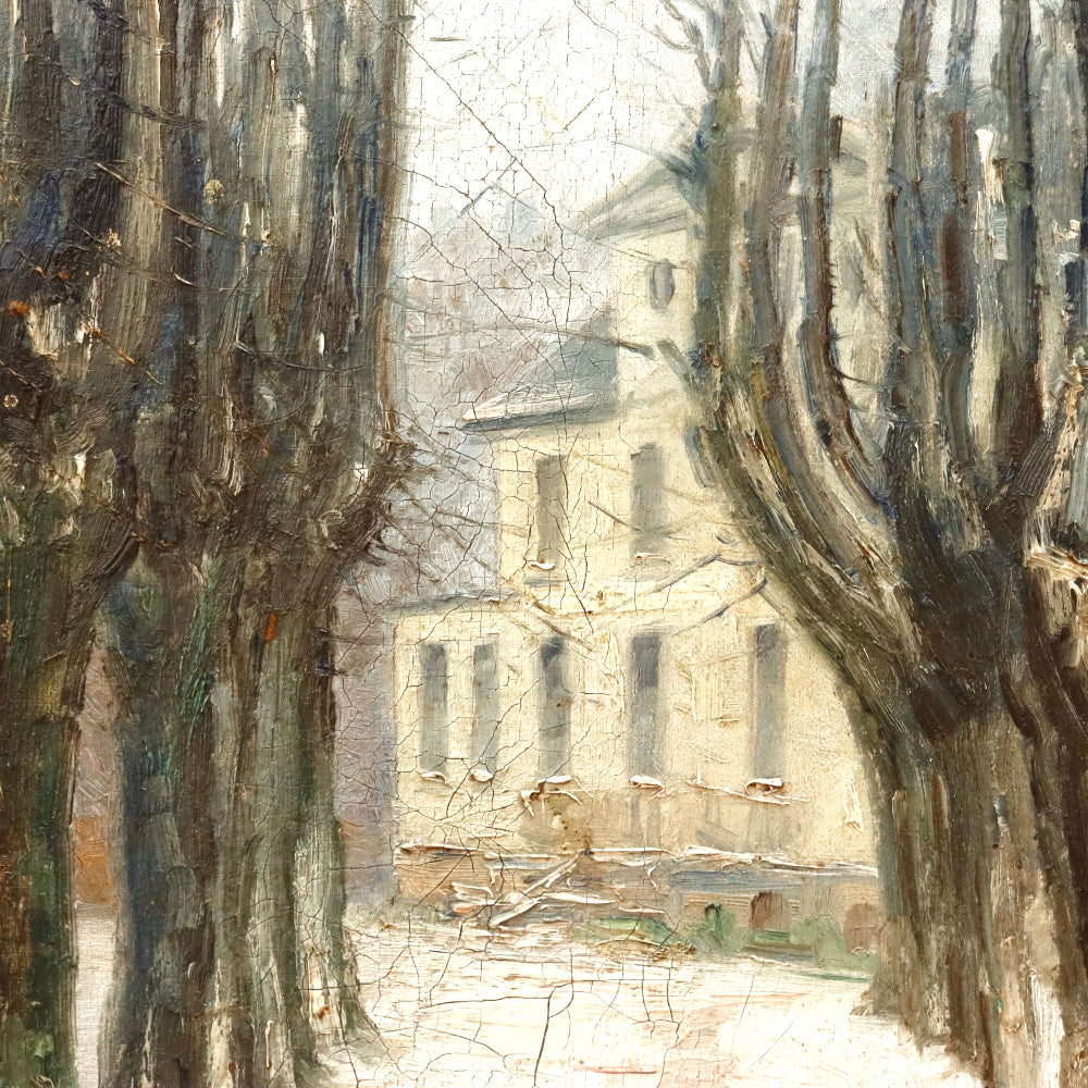 AW889: Antique French School Impressionist Country House in Winter Oil on Canvas