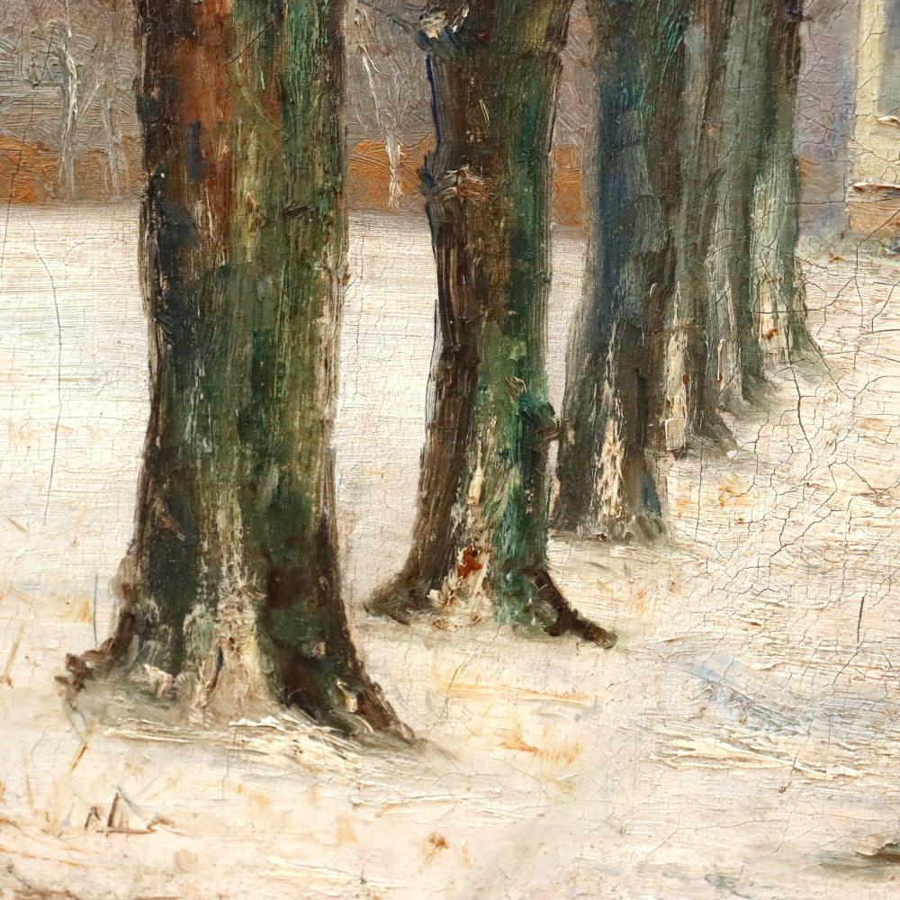 AW889: Antique French School Impressionist Country House in Winter Oil on Canvas