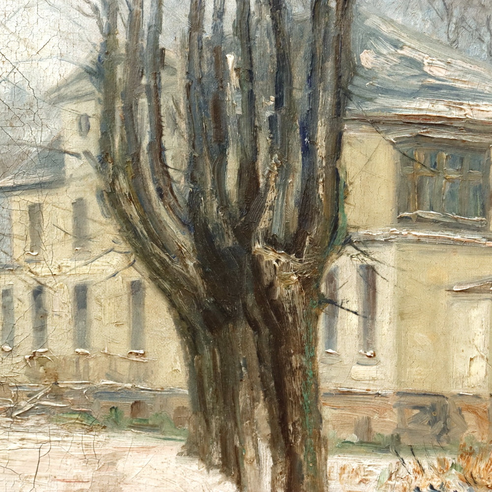 AW889: Antique French School Impressionist Country House in Winter Oil on Canvas