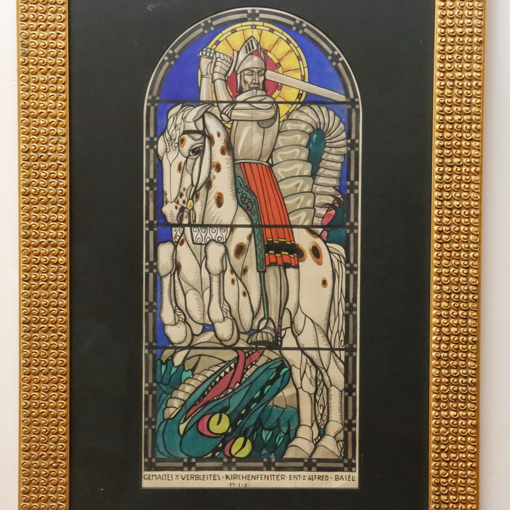 AW3-239: Alfred Basel St. George Slaying the Dragon Watercolor and Ink on Paper Circa 1890