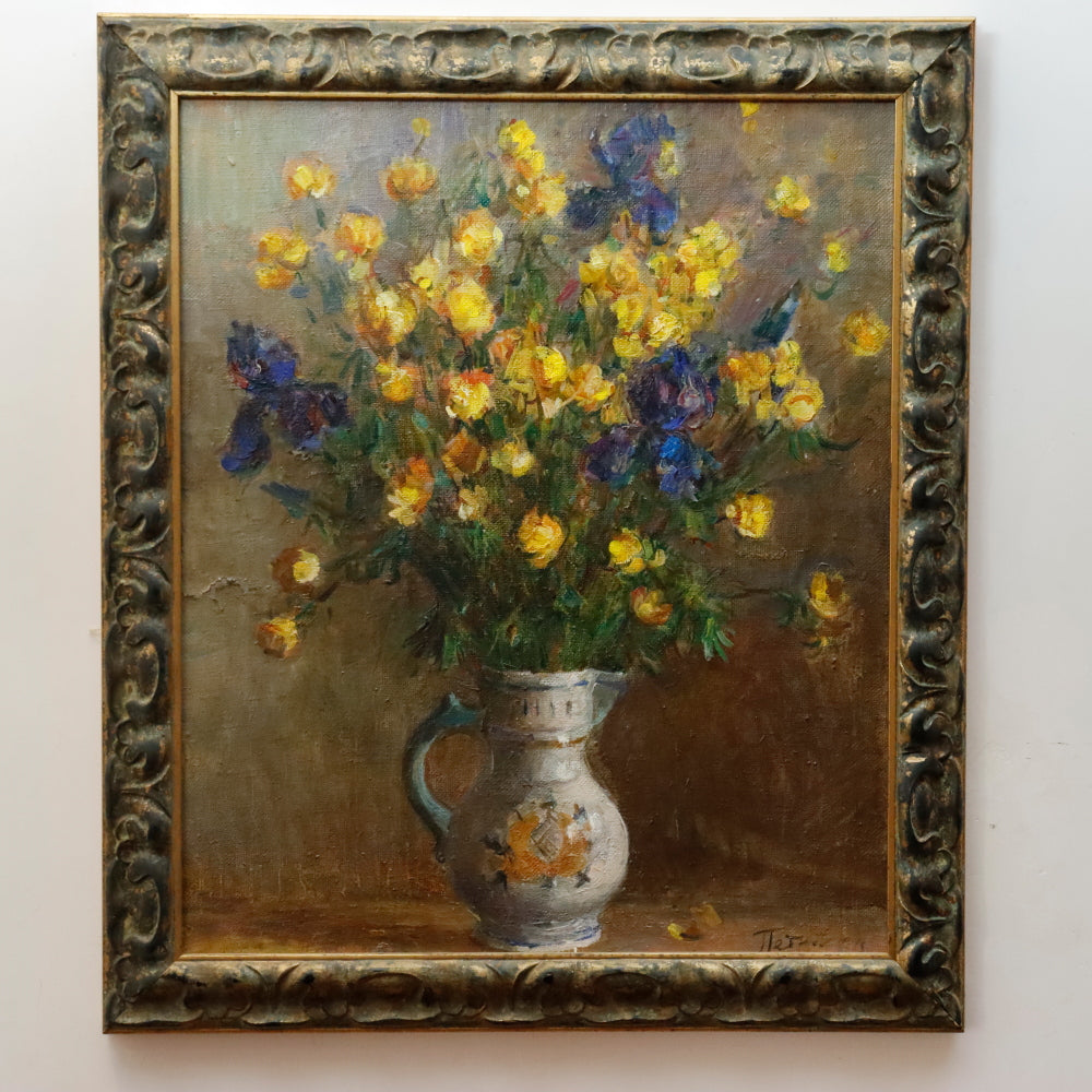 AW301: Tatyana Petrova Impressionist Still Life w/ Flowers in Vase Oil on Canvas Painting