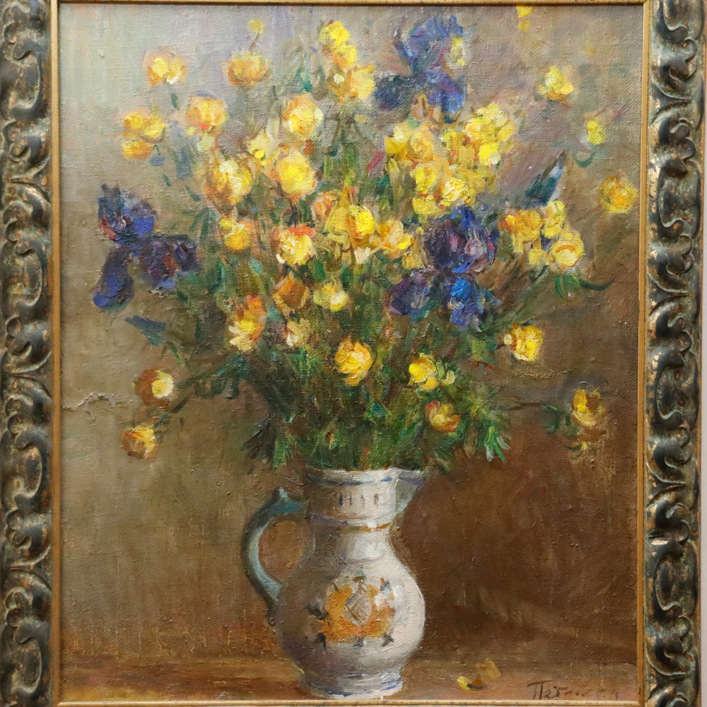 AW301: Tatyana Petrova Impressionist Still Life w/ Flowers in Vase Oil on Canvas Painting