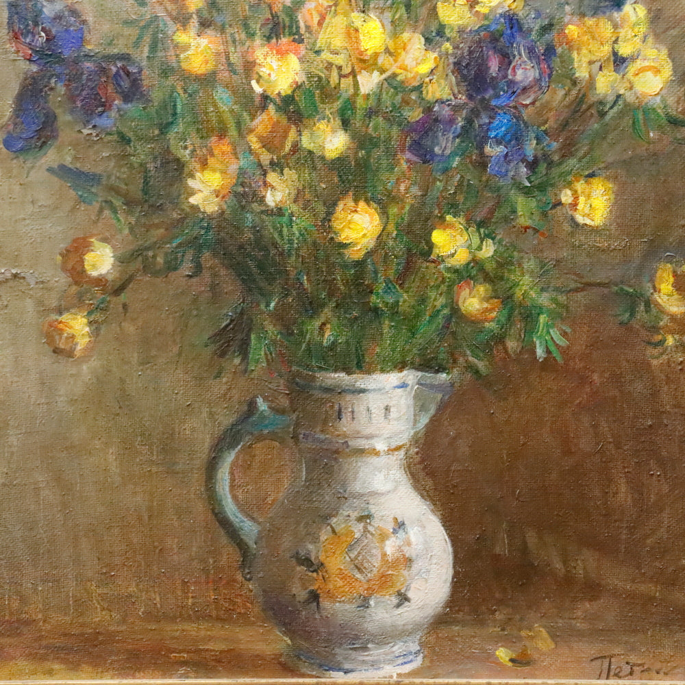 AW301: Tatyana Petrova Impressionist Still Life w/ Flowers in Vase Oil on Canvas Painting