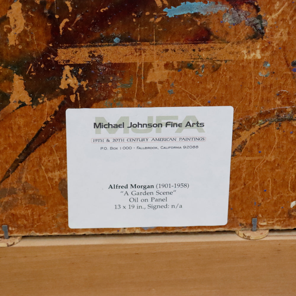 AW108: Alfred Morgan "A Garden Scene" Impressionist Oil on Board Painting