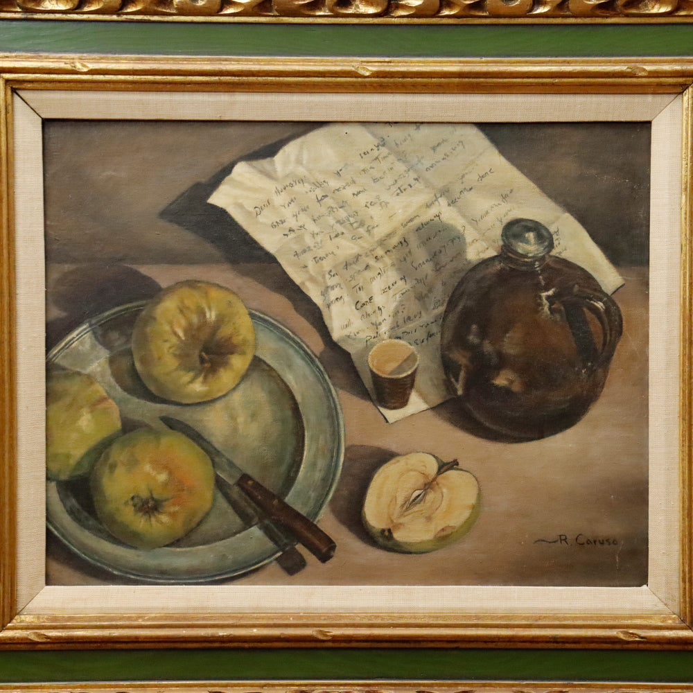 AW897: R Caruso Modernist Still Life Oil on Board Painting