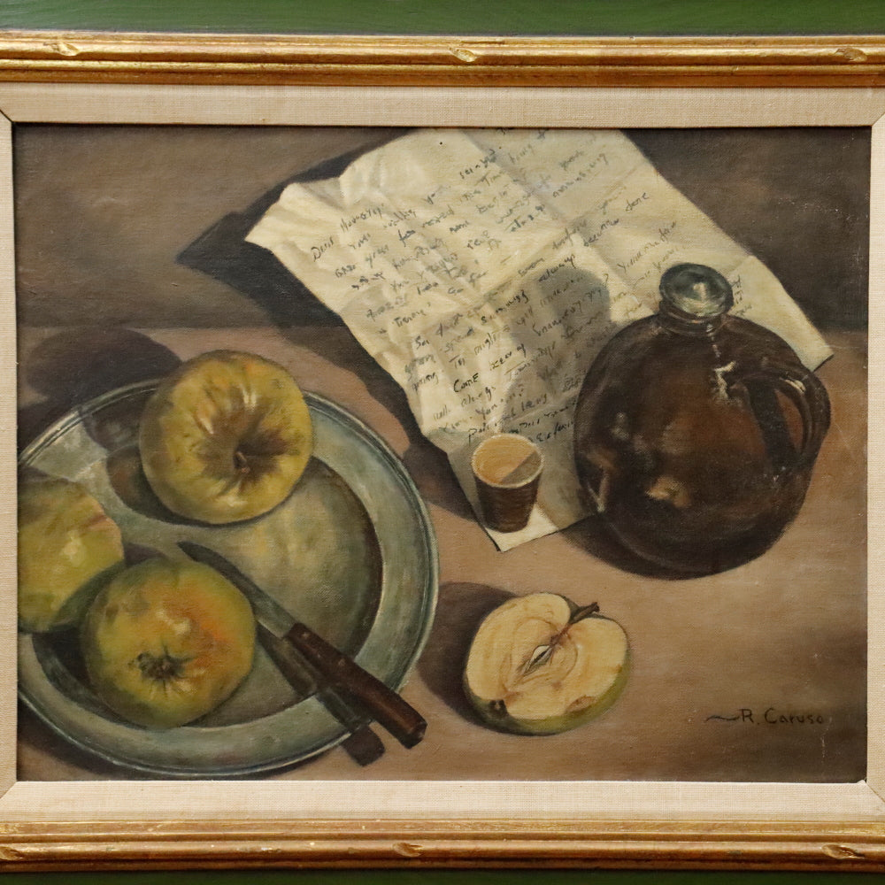 AW897: R Caruso Modernist Still Life Oil on Board Painting