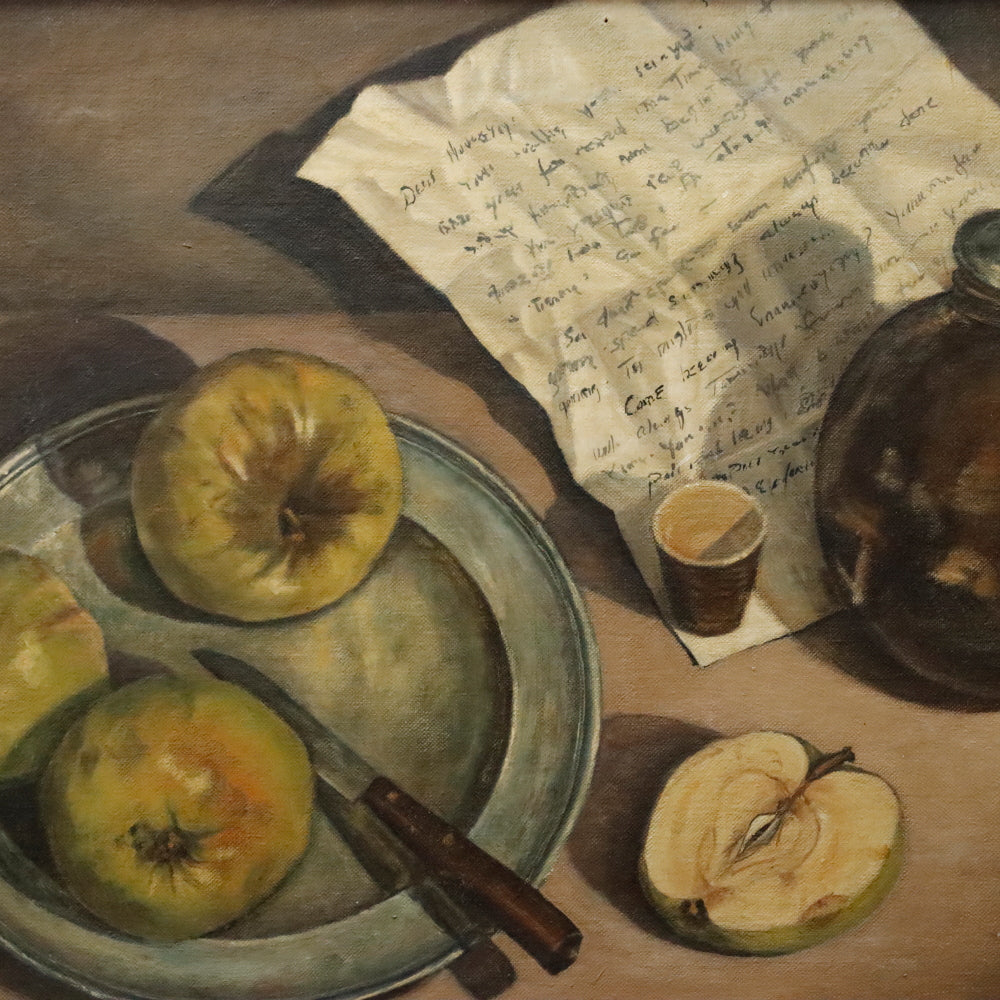 AW897: R Caruso Modernist Still Life Oil on Board Painting