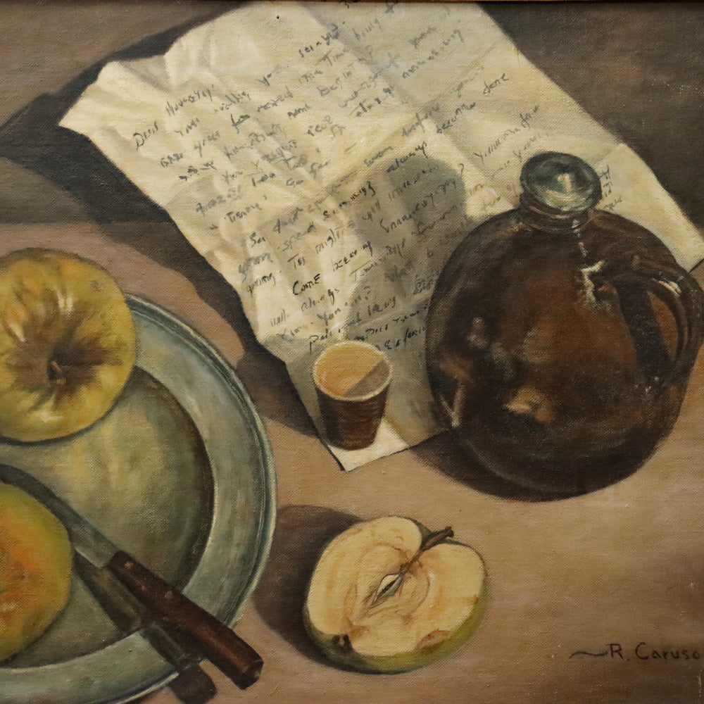 AW897: R Caruso Modernist Still Life Oil on Board Painting