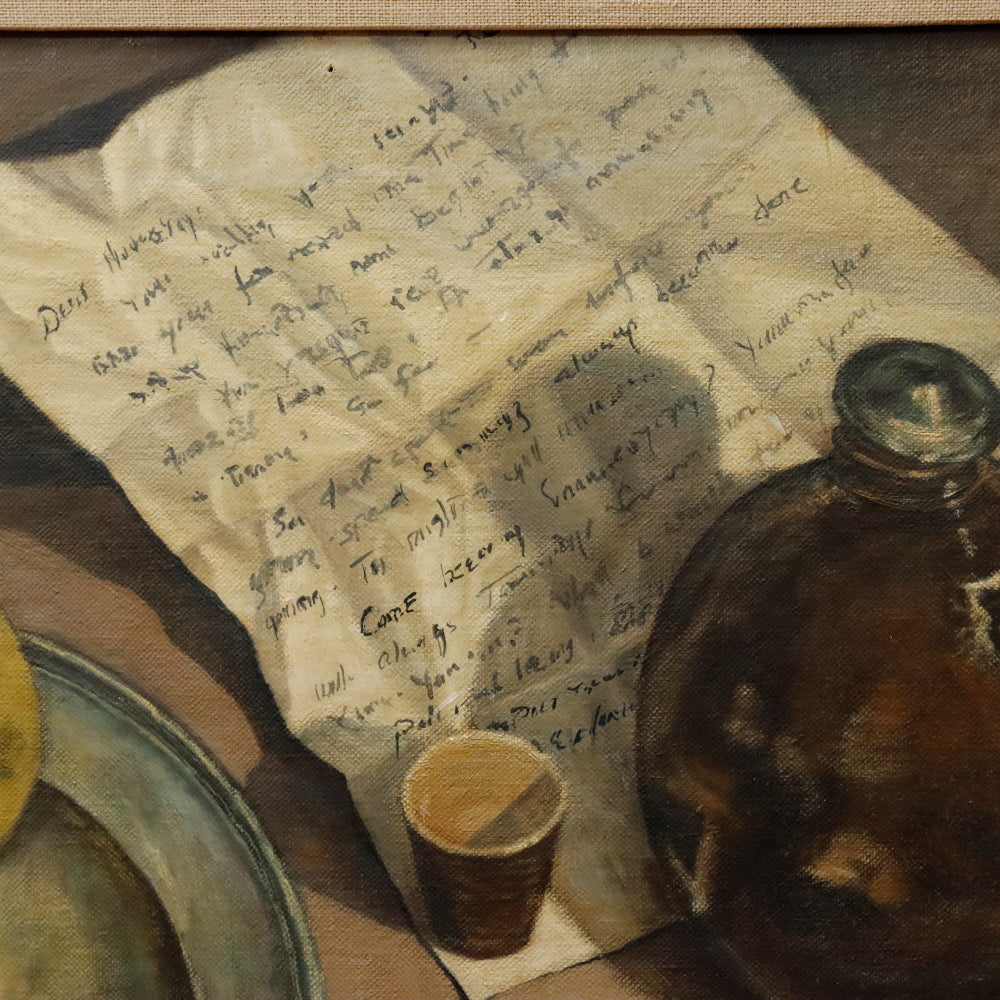 AW897: R Caruso Modernist Still Life Oil on Board Painting