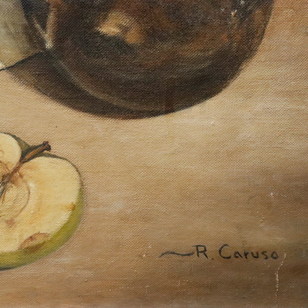 AW897: R Caruso Modernist Still Life Oil on Board Painting