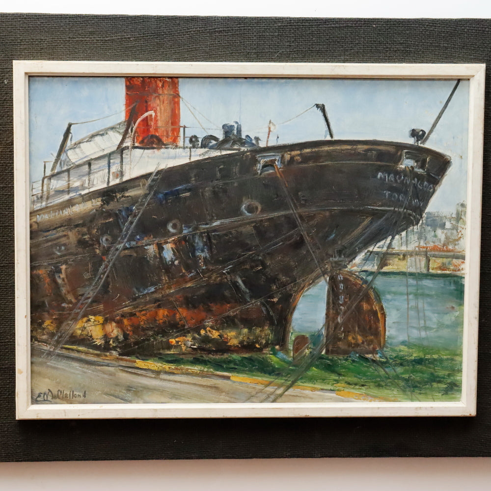 AW898: E McClelland Modernist Oil on Masonite Board Painting Freighter in Harbor