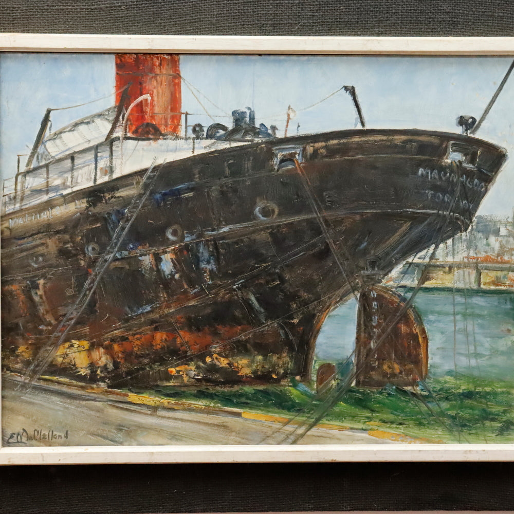 AW898: E McClelland Modernist Oil on Masonite Board Painting Freighter in Harbor